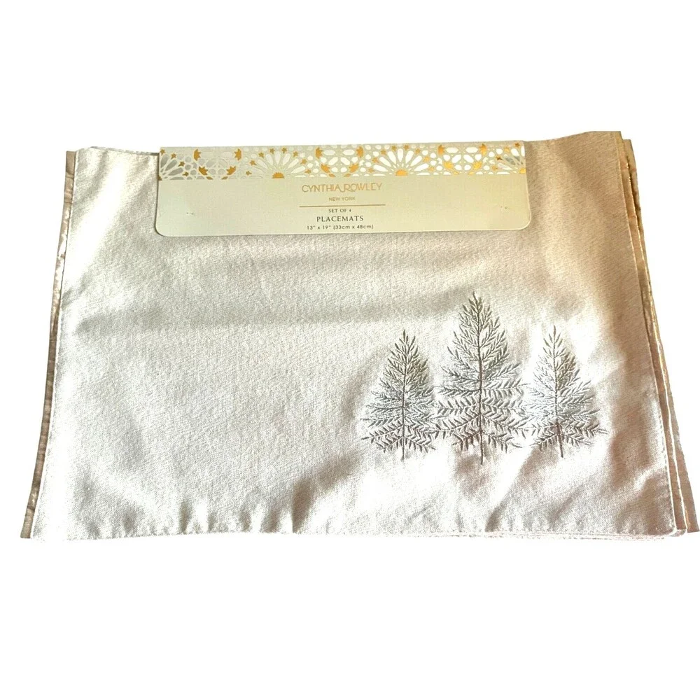Cynthia Rowley Gold Tree Embroidered Placemats Set of 4 Gold Edged Lined Holiday